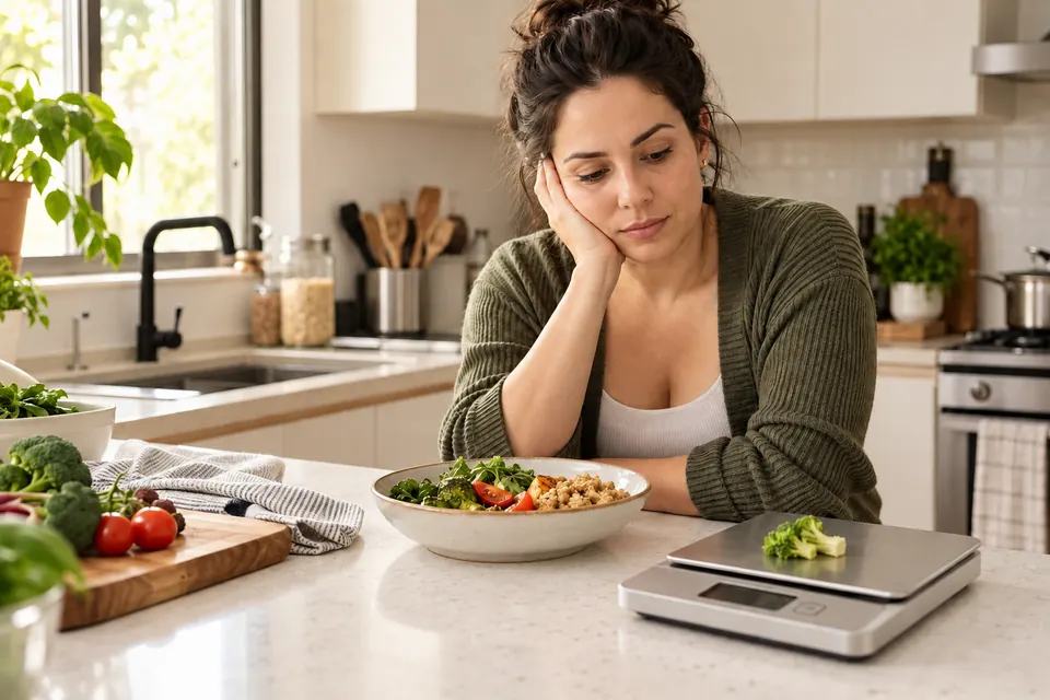Cena ilustrativa de uma mulher diante de uma refeição e uma balança de alimentos na cozinha