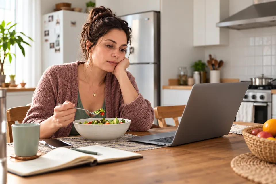 Cena ilustrativa de uma mulher à mesa com uma refeição e o computador